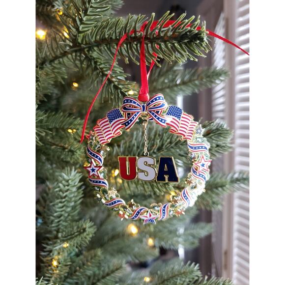 Patriotic USA Flag Wreath Ornament Red White Blue Ribbons Stars Colored Brass - Picture 4 of 4